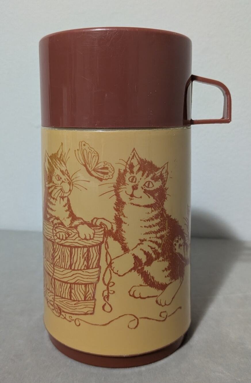 Vintage Aladdin Cats & Kittens Thermos Brown Tan Playful Kittens 8oz Travel Mug